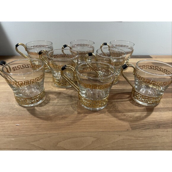 Vintage Libbey Glass Continental Cup Set Gold Greek Key Metal Holders Set of 8 - Picture 1 of 6